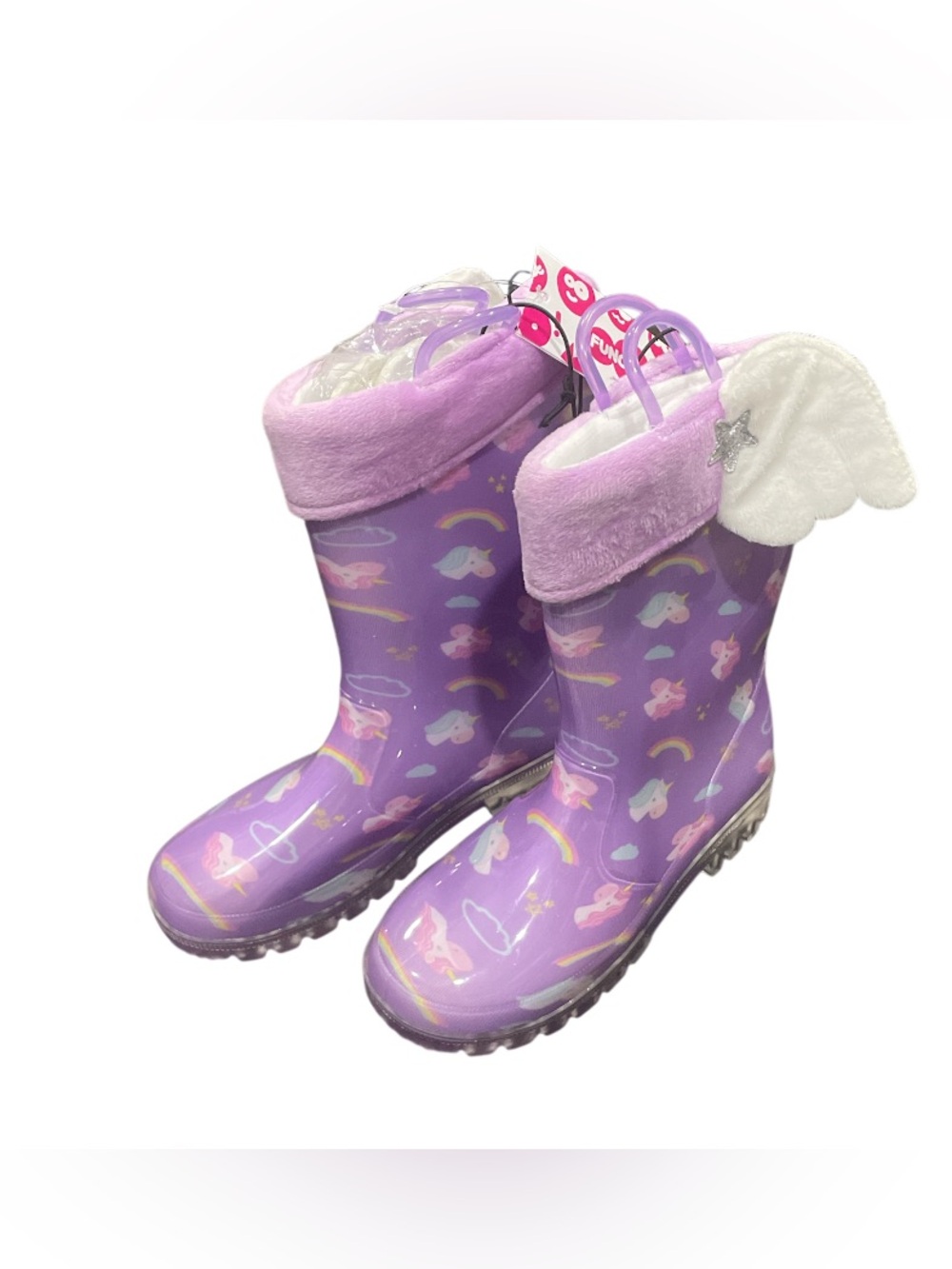 Kids Purple Unicorn Rain Boots with Fleece Cuff